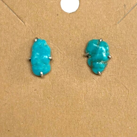 Sterling Silver 925 Dainty Prong Set Freeform Shaped Turquoise Stud Earrings - Picture 1 of 16